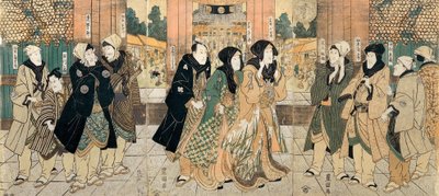 Gli attori kabuki (da sinistra a destra) Bando Tsurujiro, Ichikawa Sanzo, Ichikawa Danjuro VII, Matsumoto K... da Utagawa Toyokuni